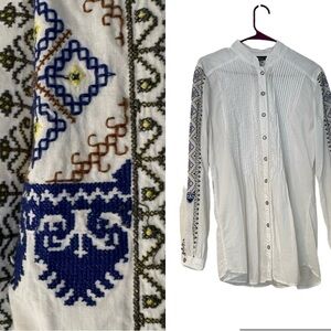 XCVI Blouse White Cotton Pin Tucked Button Up Embroidered Long Sleeve Size M